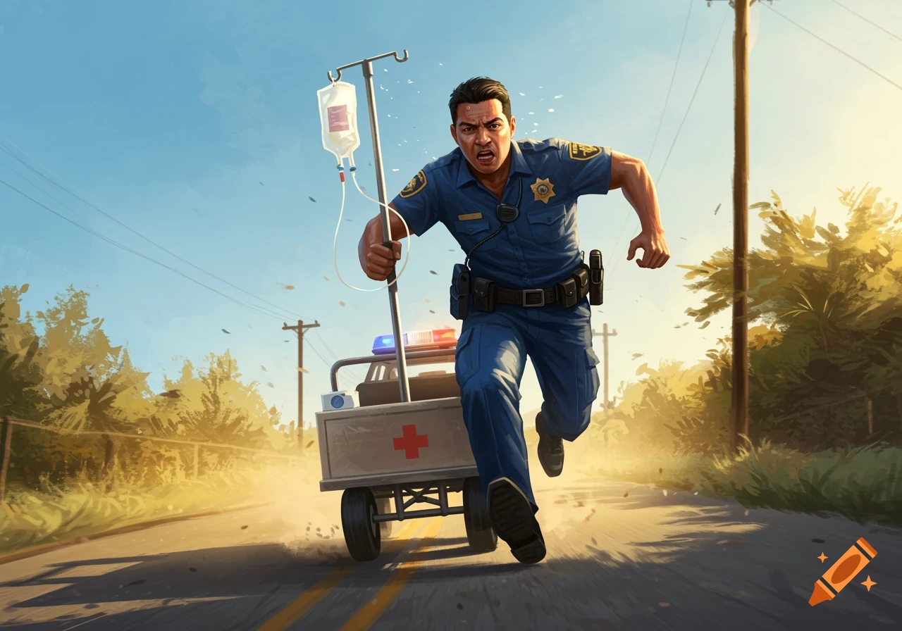A stylized illustration of a determined police officer running down a sunny road, pulling a medical cart with an IV pole.