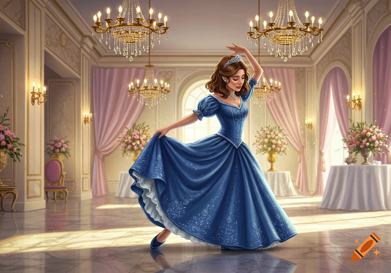 A princess in a blue gown with a tiara performs a curtsy in a grand ballroom with chandeliers and pink drapes.