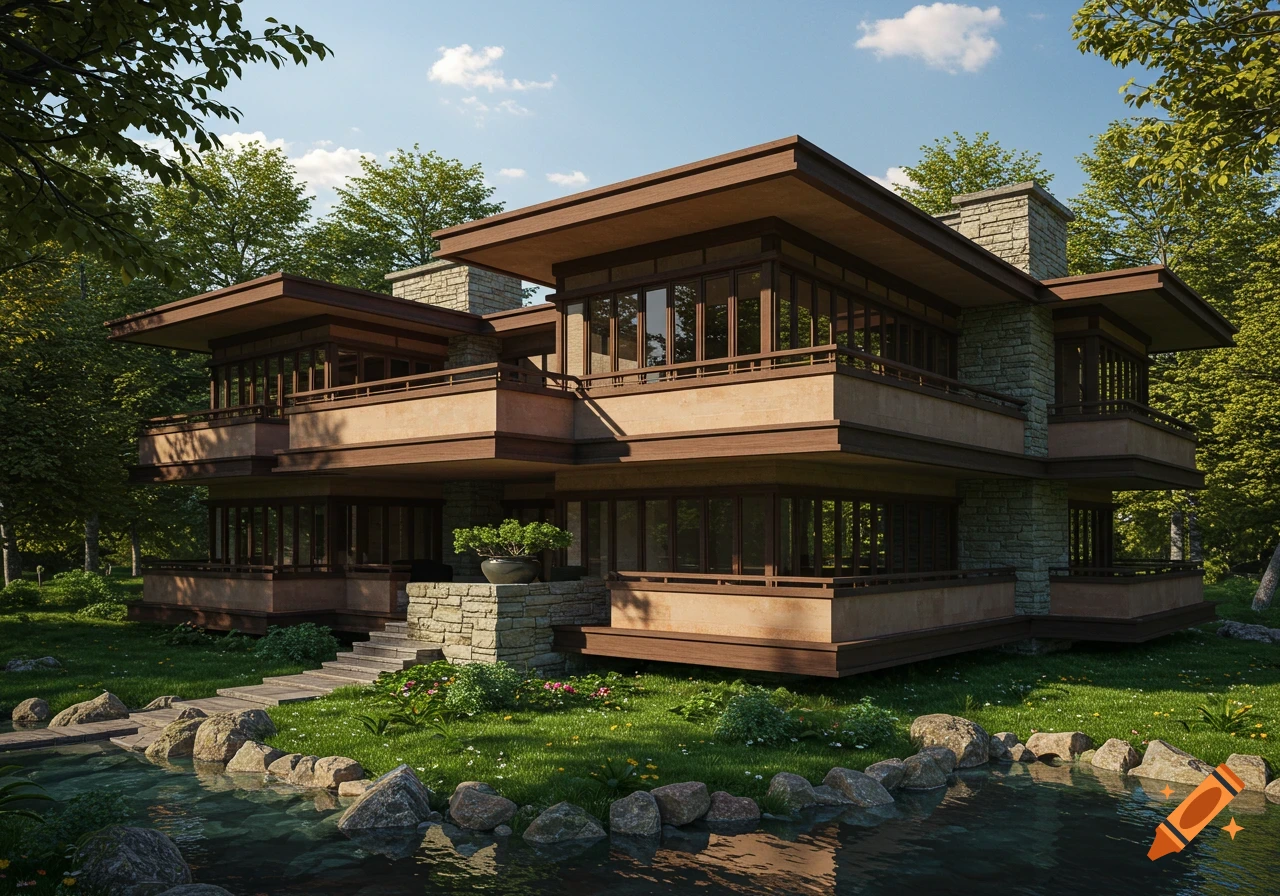A modern Frank Lloyd Wright style mansion with multiple decks, nestled in lush green trees and overlooking a pond.