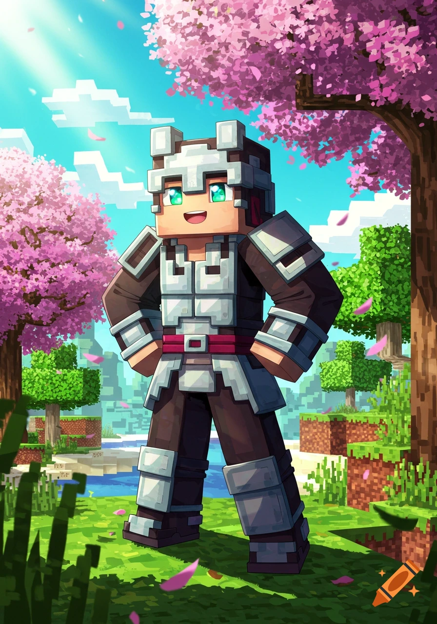 Minecraft character in armor stands under blooming cherry blossom trees in an anime style.