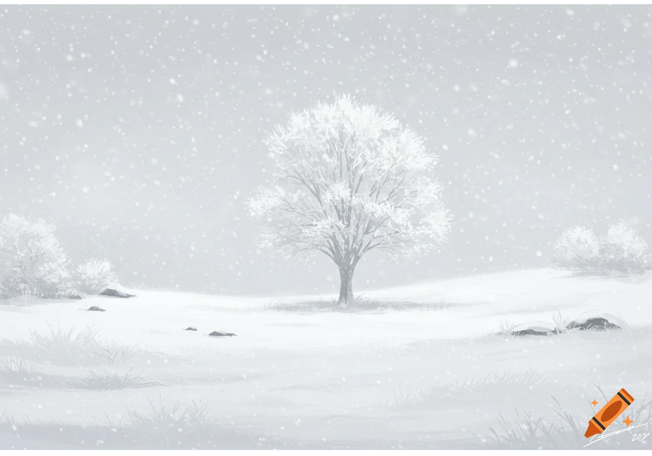 A serene, snow-covered winter landscape with a single bare tree at the center, falling snow, and distant bushes.