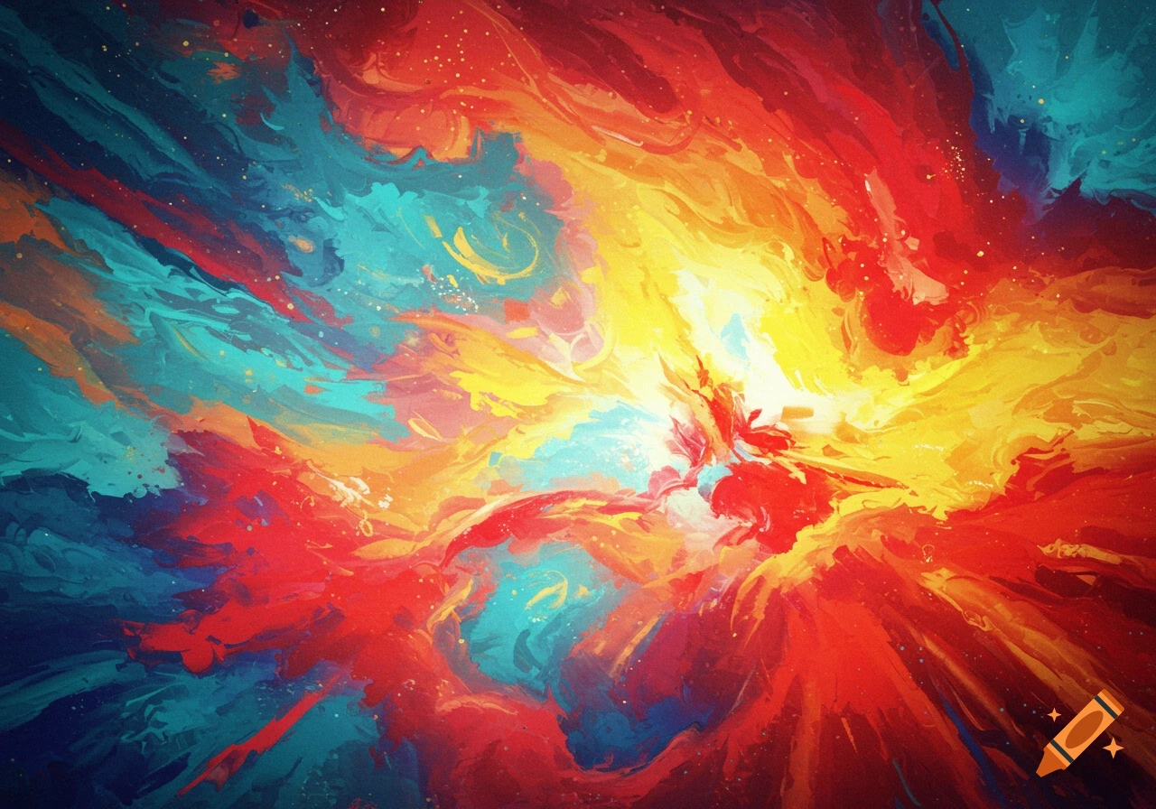 Vibrant abstract painting with swirling reds, oranges, yellows, and teal blue, resembling an energetic burst of color.
