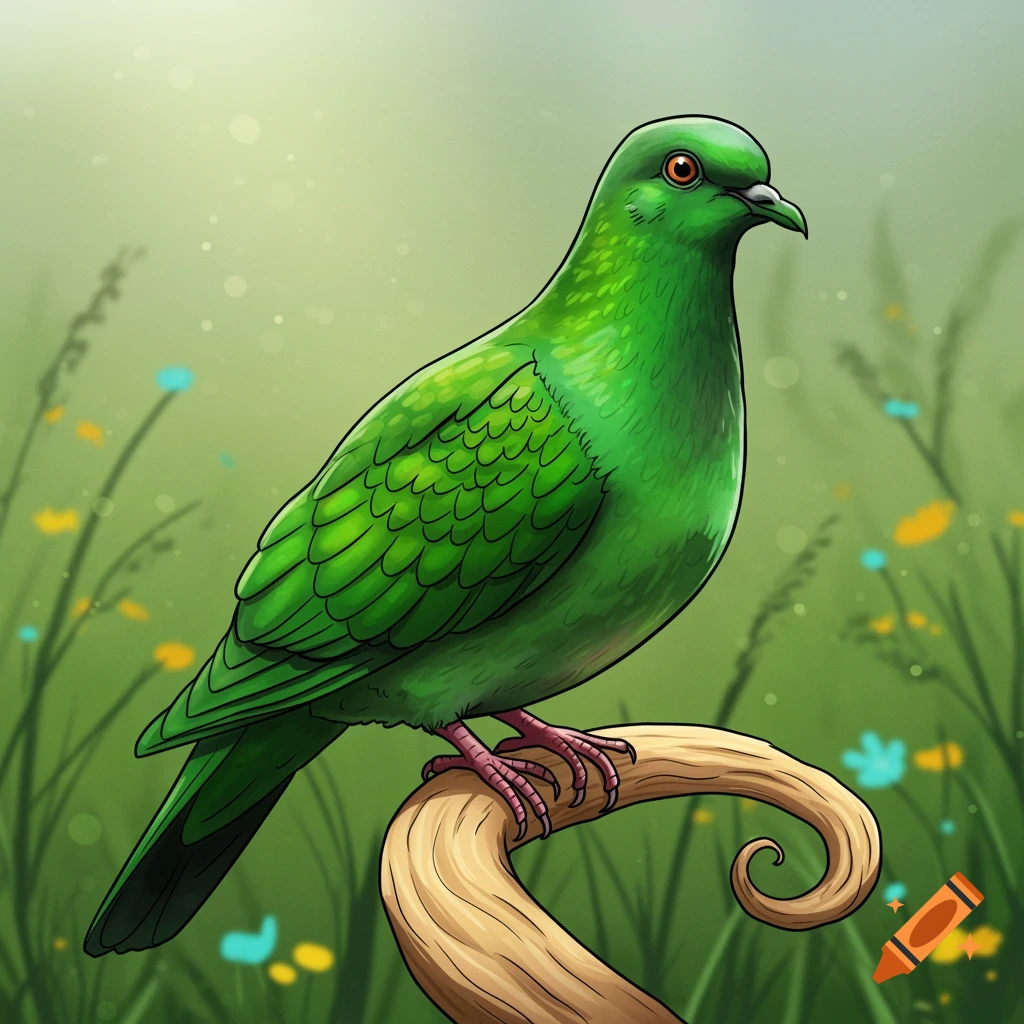 A cartoon-style emerald dove with green feathers and orange eyes perches on a curved branch against a green, blurry background.