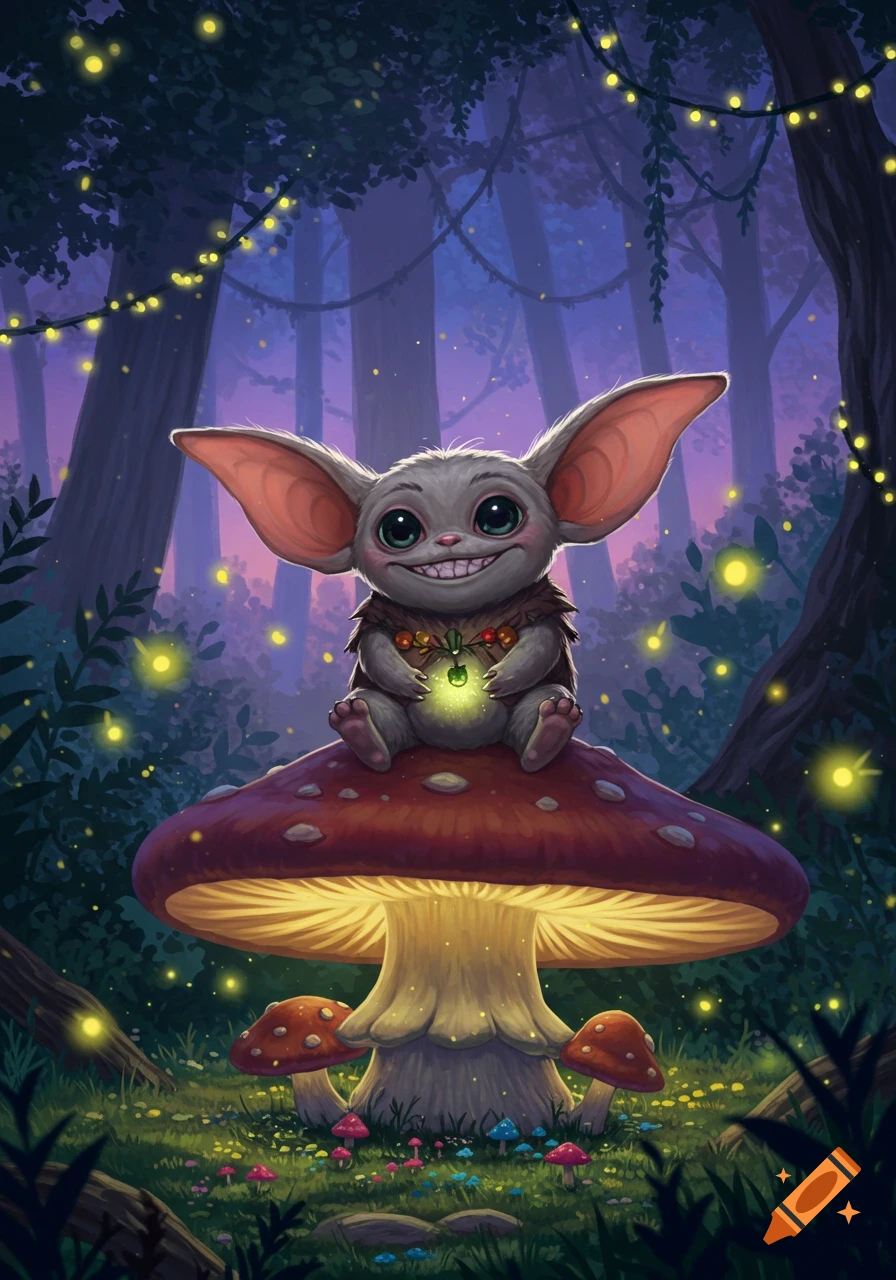 A cute, big-eared creature with large eyes and a smile sits on a ...
