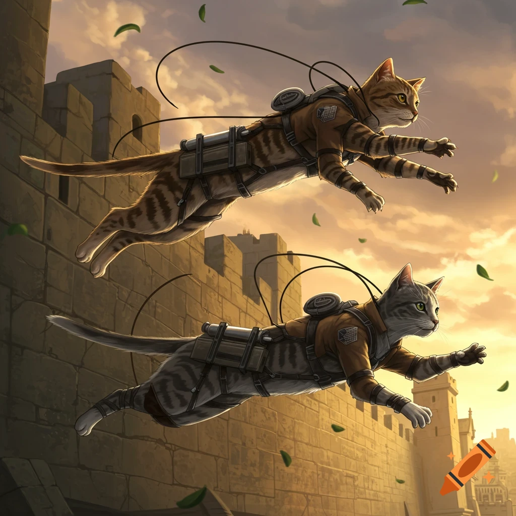 Two cats in Attack on Titan ODM gear fly over a stone wall at sunset, in a digital art style.