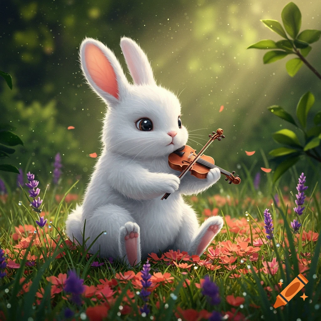 A cute white bunny sitting in a vibrant meadow filled with red and purple flowers, playing a small violin.