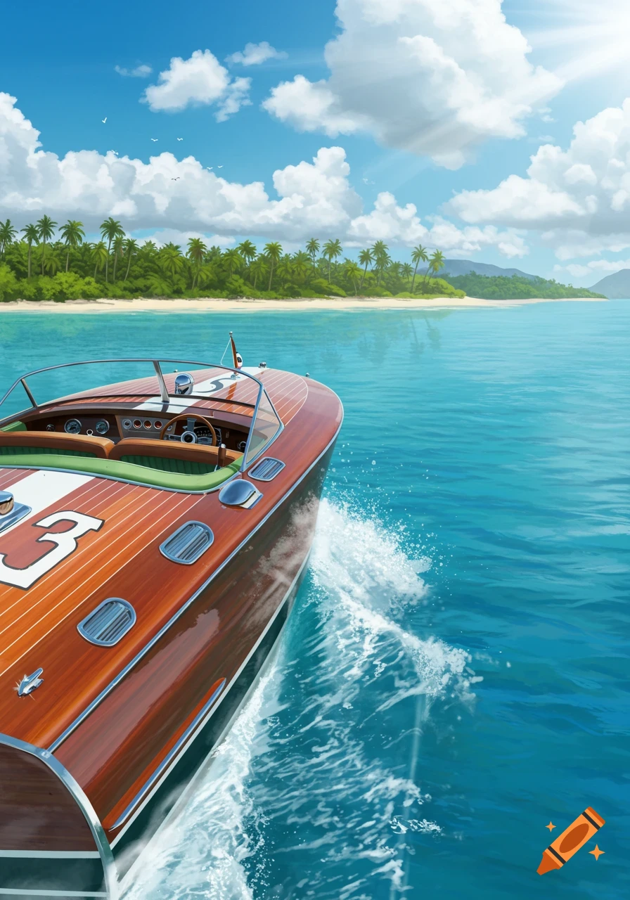 A vintage wooden speed boat speeds across clear turquoise water near a tropical beach with palm trees under a blue sky.