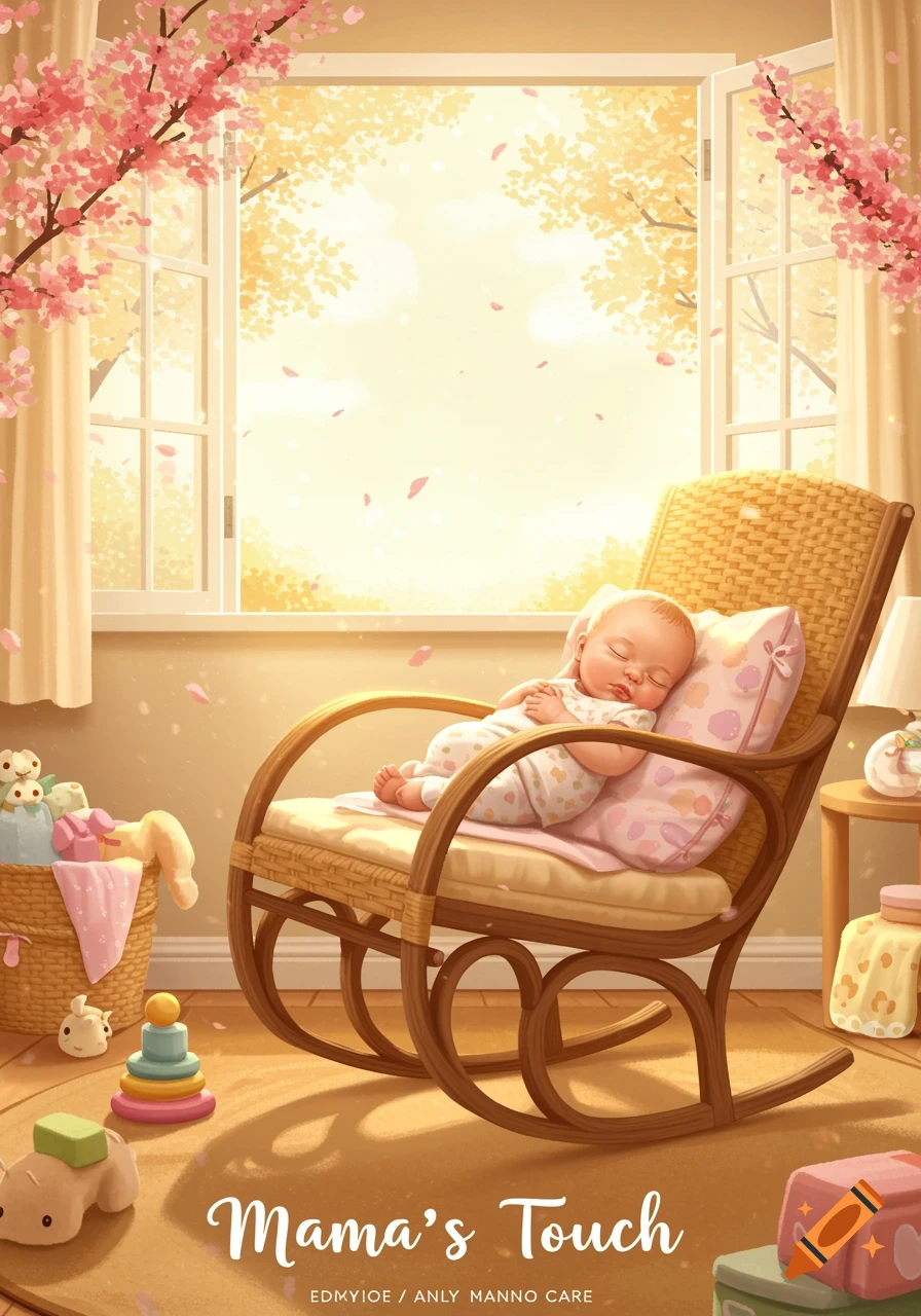 A sweet illustration of a baby sleeping peacefully in a wicker rocking chair by a sunlit window with cherry blossoms, surrounded by toys.