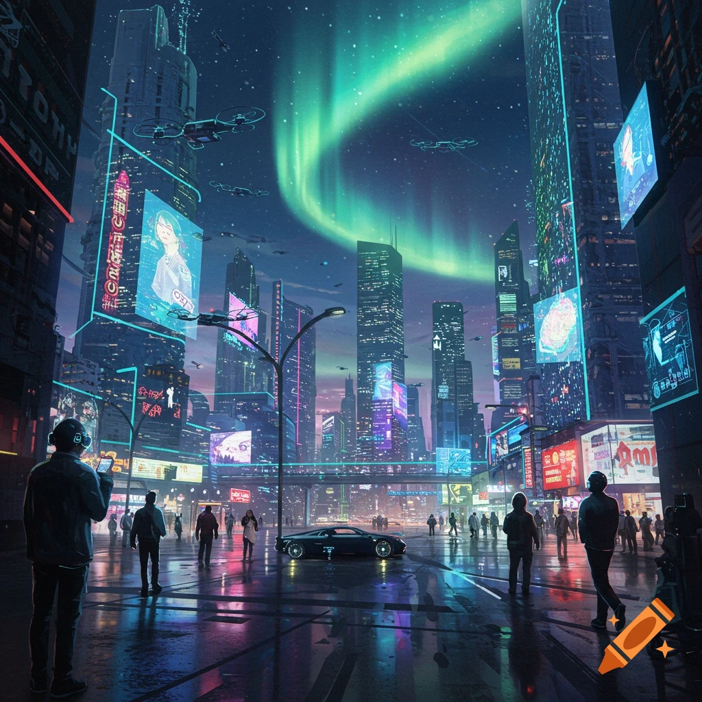 A futuristic city at night with towering skyscrapers illuminated by neon lights and an aurora borealis in the sky. People walk on wet streets and a sports car is parked in the foreground.