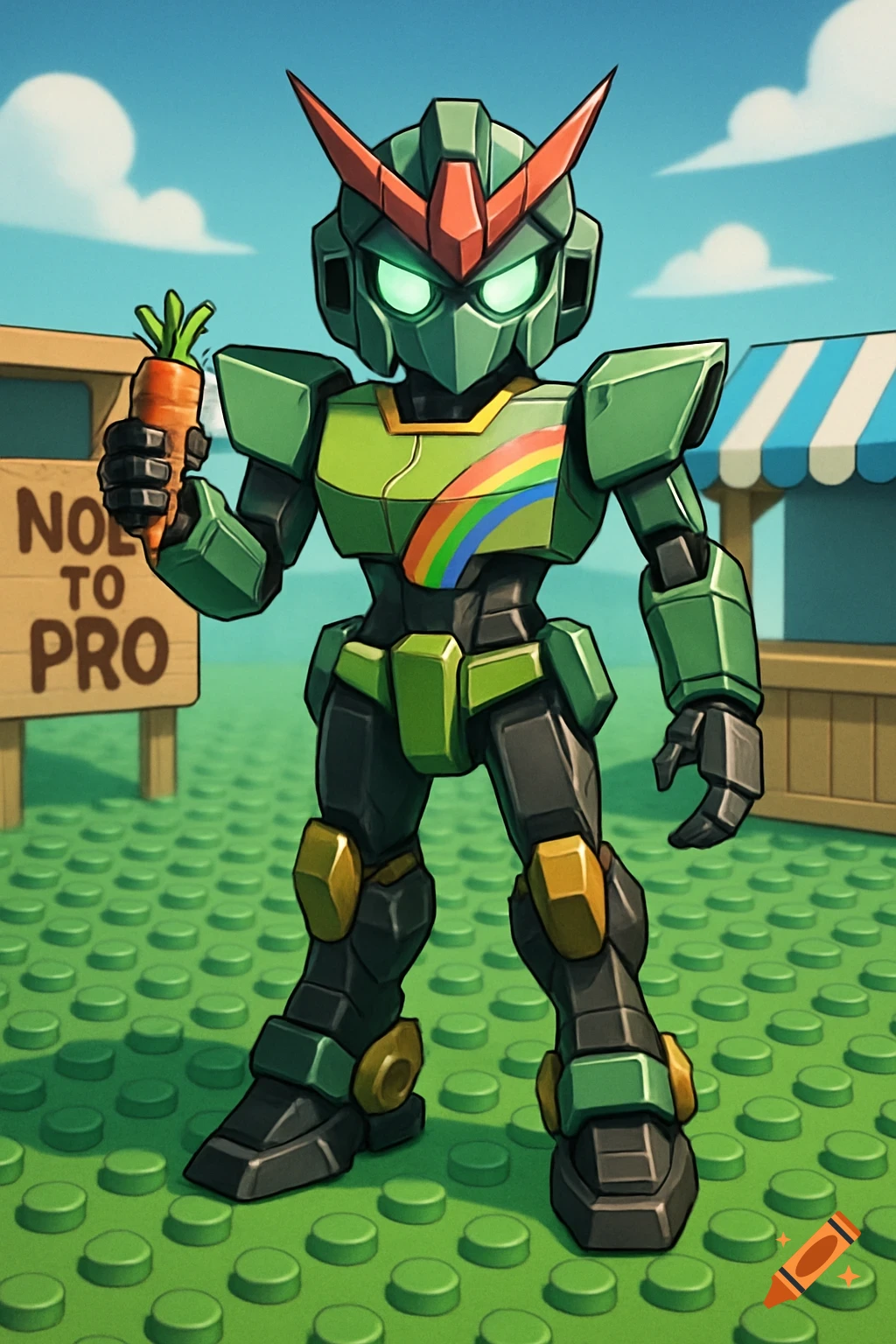 An anime-style green robot with a rainbow stripe on its chest holds a carrot, standing on a green Lego-like ground near a market stall.