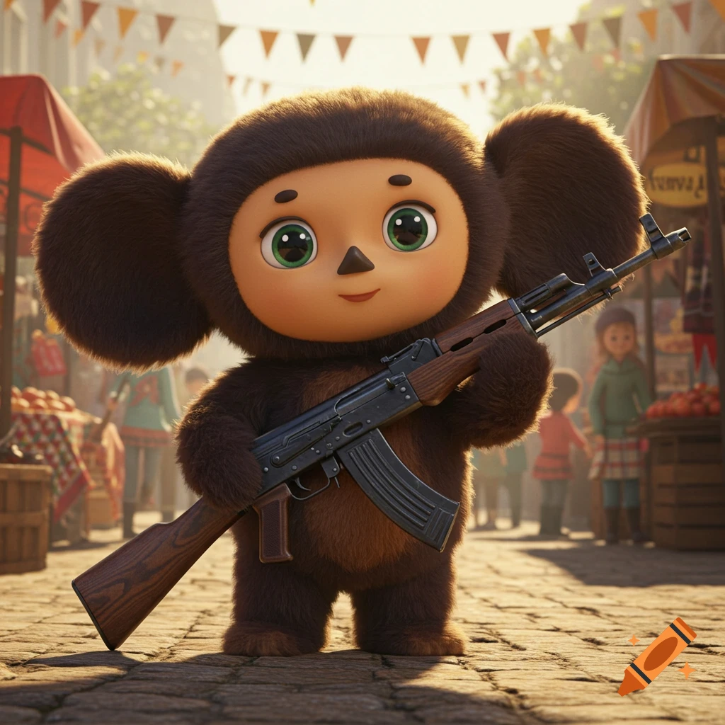A fluffy, brown cartoon character resembling Cheburashka holding a realistic AK-47 rifle in a sunny market street.