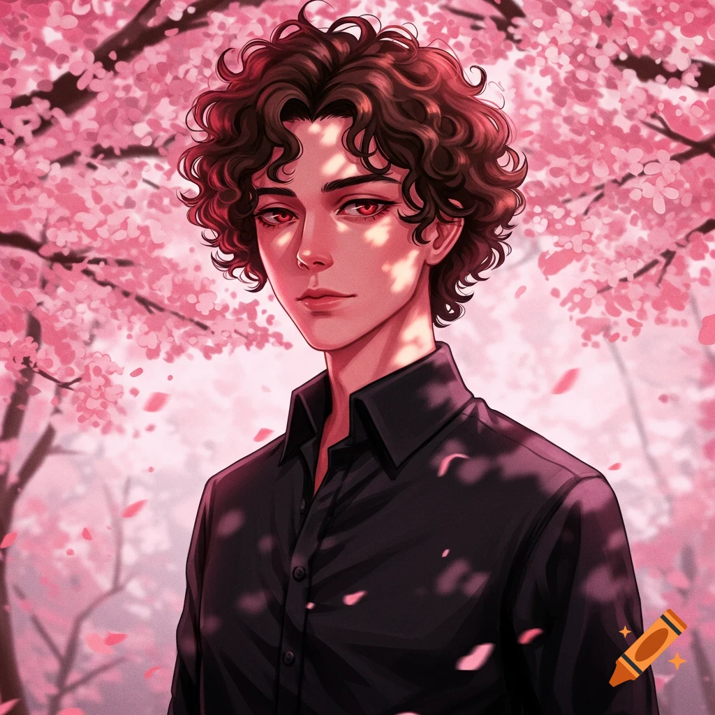 An anime portrait of a young man with curly brown hair and red eyes, wearing a black shirt, standing among pink cherry blossoms.