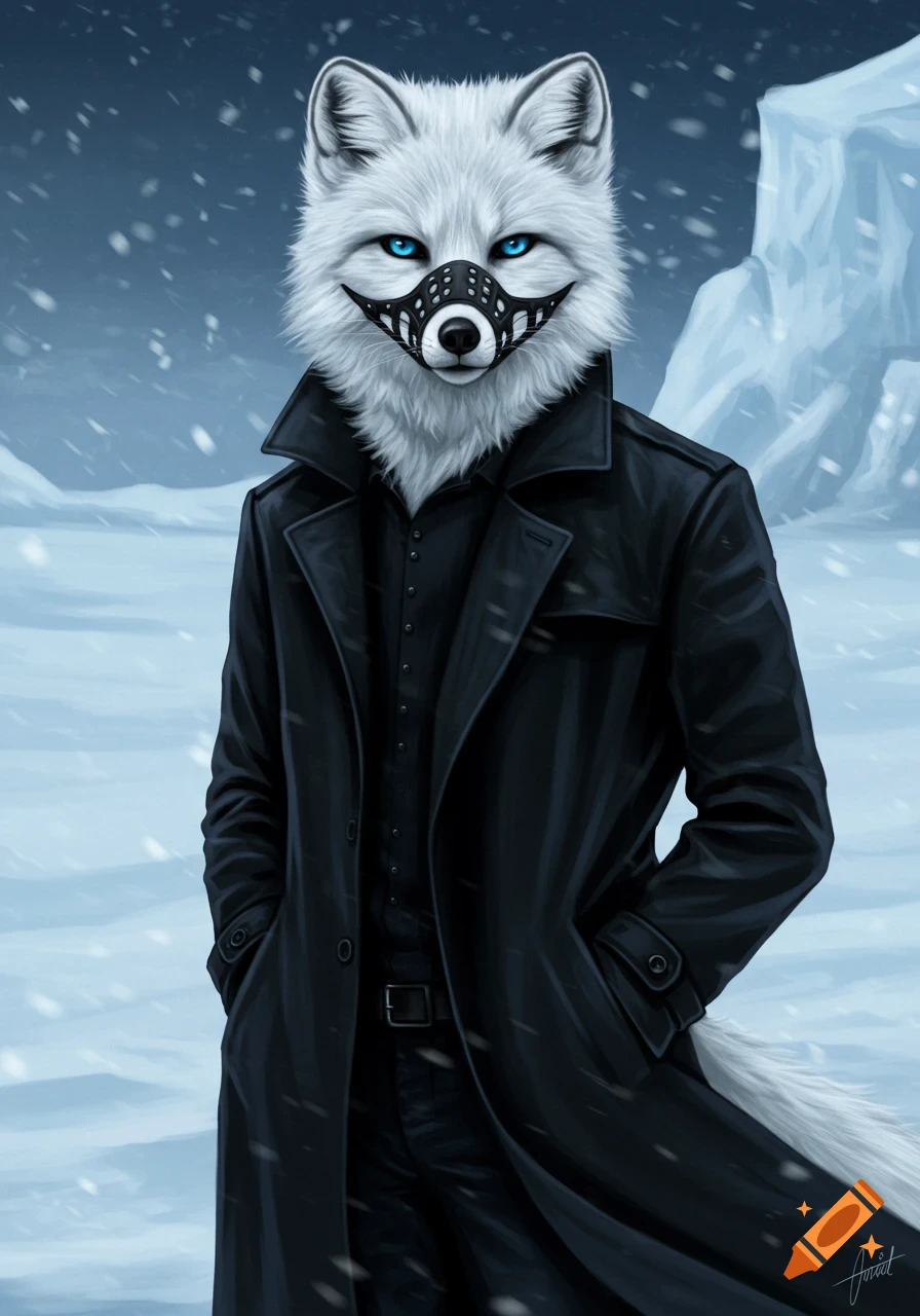 An anthropomorphic arctic fox with glowing blue eyes and a dark muzzle wears a black trench coat in a snowy landscape, surrounded by falling snow.