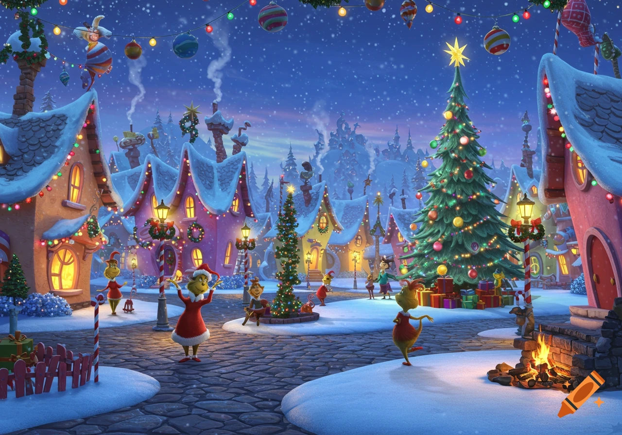 A whimsical Christmas scene in Whoville with decorated houses, a large Christmas tree, snow, and several Whos celebrating in the town square.