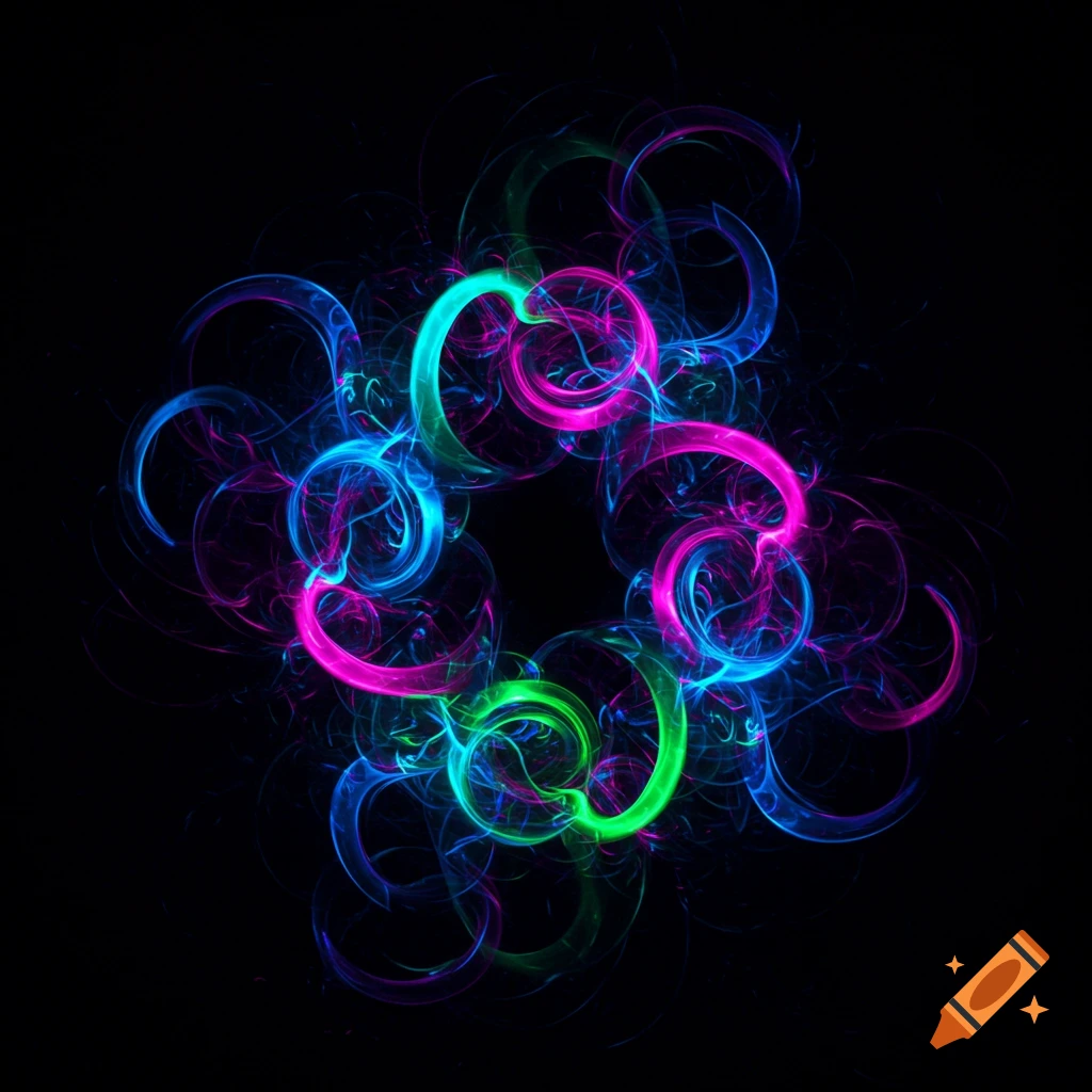 A psychedelic pattern of glowing blue, pink, and green intertwined rings against a black background.