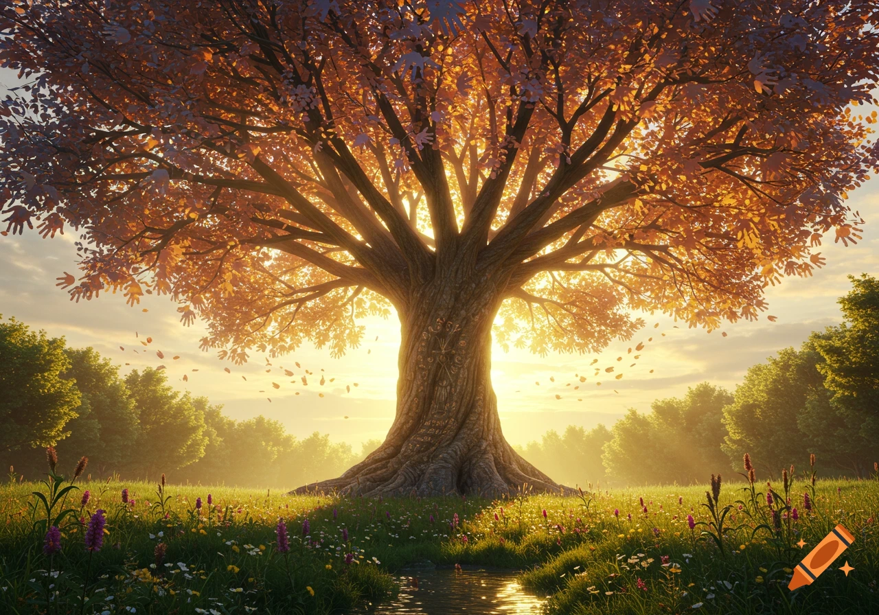 A large tree with hand-shaped leaves glows golden at sunset in a vibrant green meadow with a stream and wildflowers.
