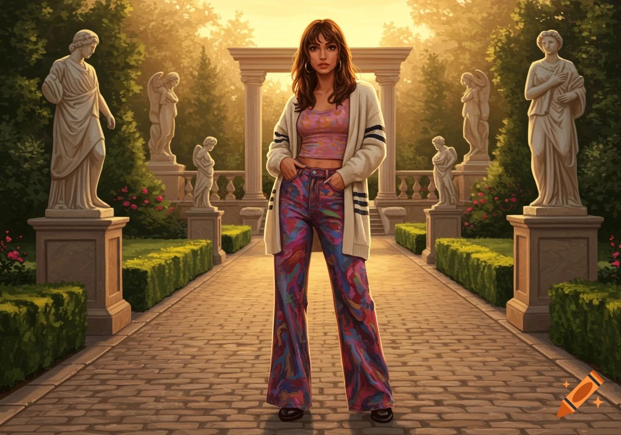 A young woman stands in a classical garden among statues, wearing a white cardigan with stripes, a pink top, and vibrant wide-leg pants.