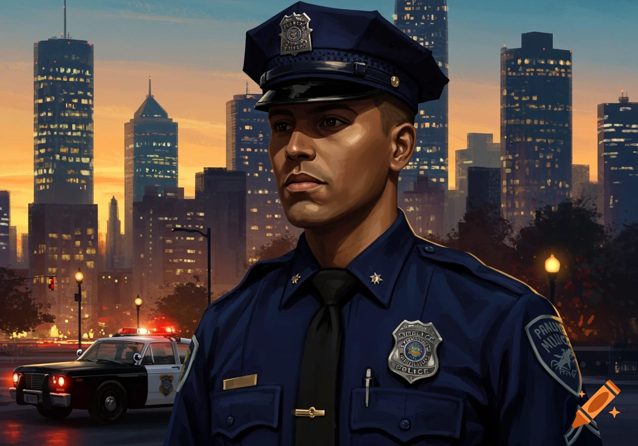 A detailed digital painting of a police officer in uniform standing in front of a city skyline at sunset, with a police car behind him.