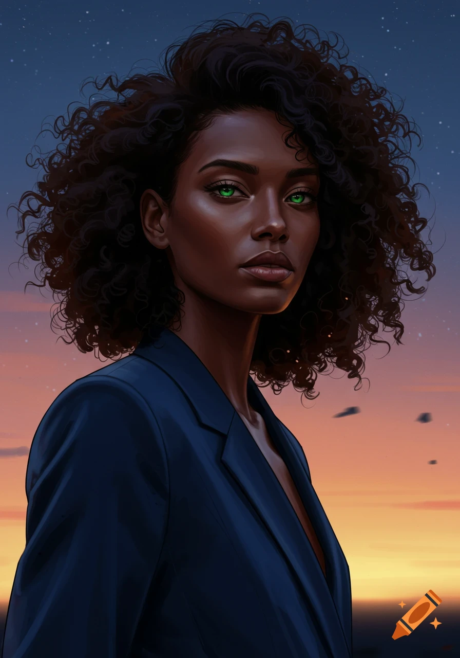Digital portrait of a woman with dark curly hair and green eyes in a blazer against a sunset sky.