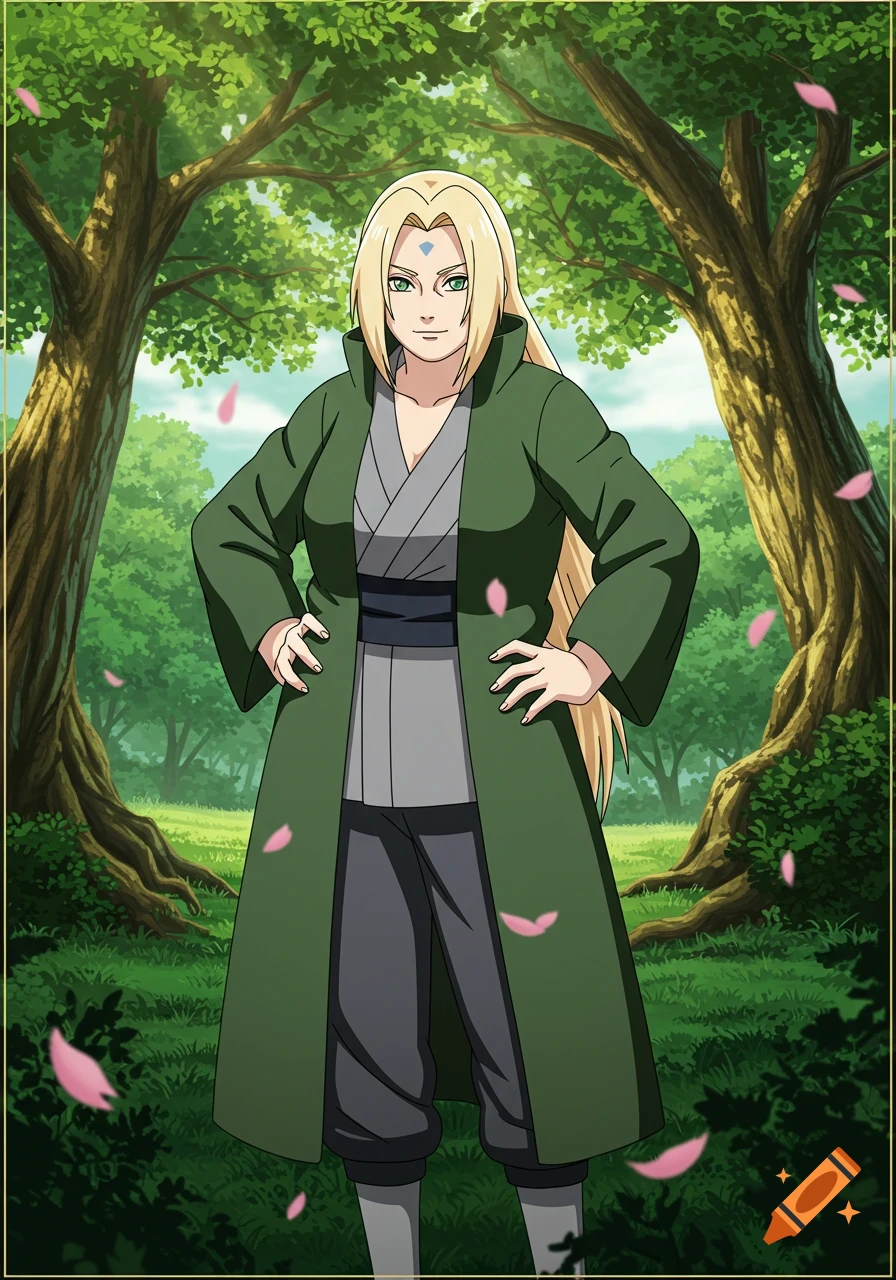 Anime illustration of Lady Tsunade from Naruto standing in a forest with falling pink petals.