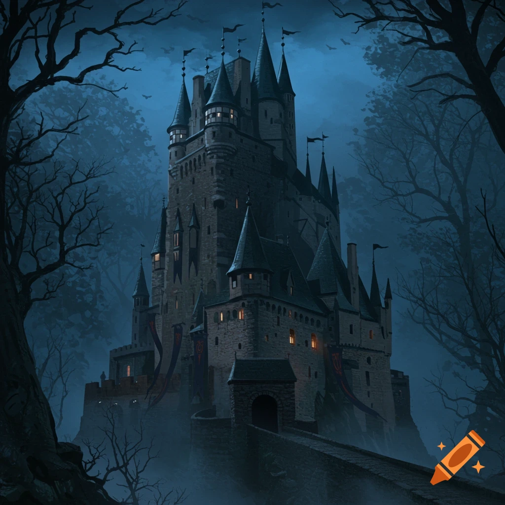 A large, dark fantasy castle with spires and flags, shrouded in mist within a gloomy, barren forest.