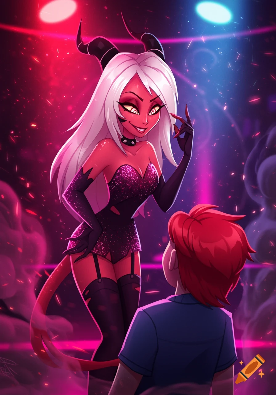 A red-skinned demon woman with horns and white hair in a sparkly dress stares suggestively at a red-haired man in a club with red and blue lights. Anime style.