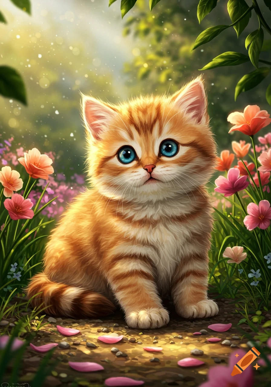 A cute orange tabby kitten with bright blue eyes sits among pink and purple flowers in a sunlit, magical forest.