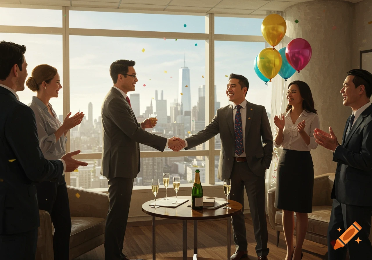 Business professionals celebrating in an office, with two men shaking hands while others clap. Balloons and champagne are on a table with a city skyline in the background.