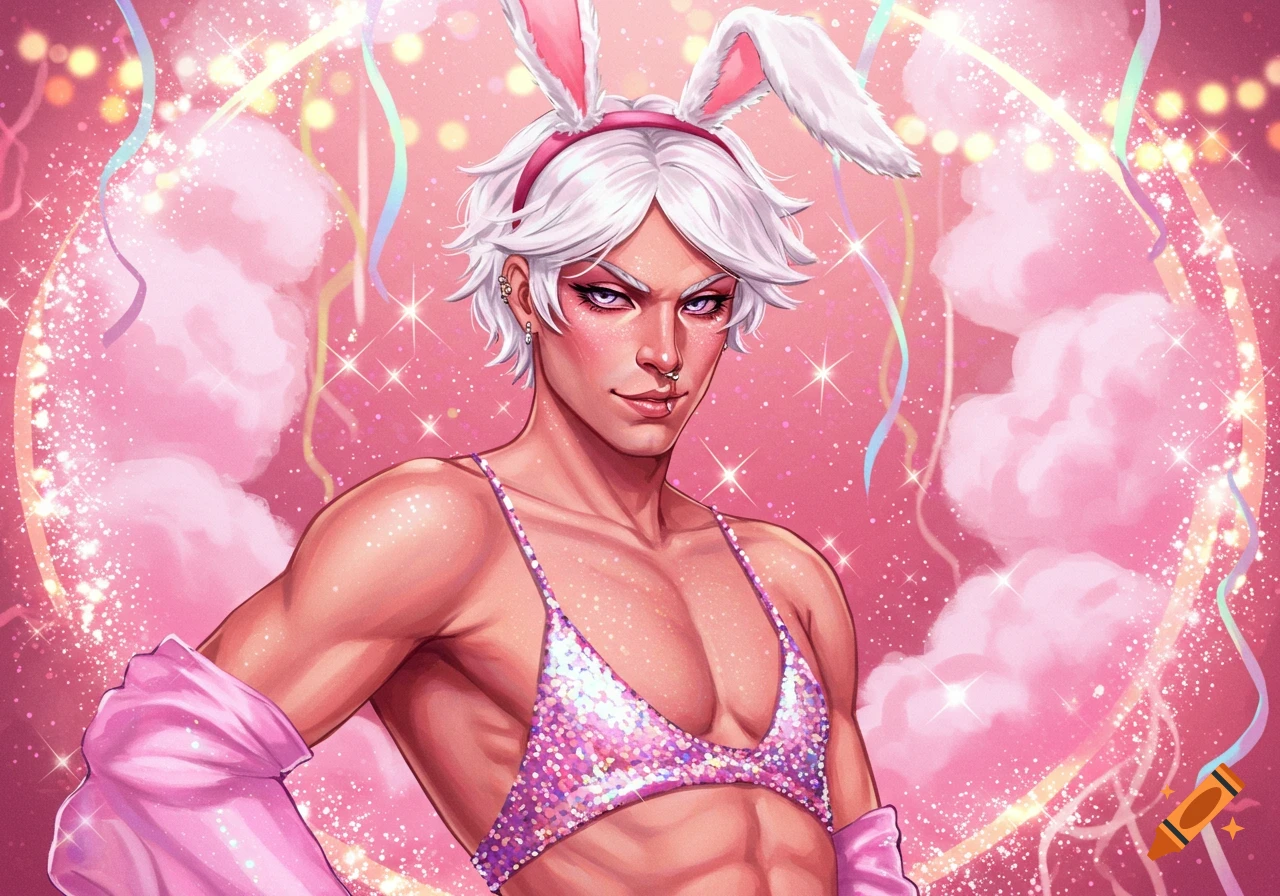 An androgynous man with white hair and bunny ears, wearing a sparkly pink bra and jacket, against a glittery pink background.