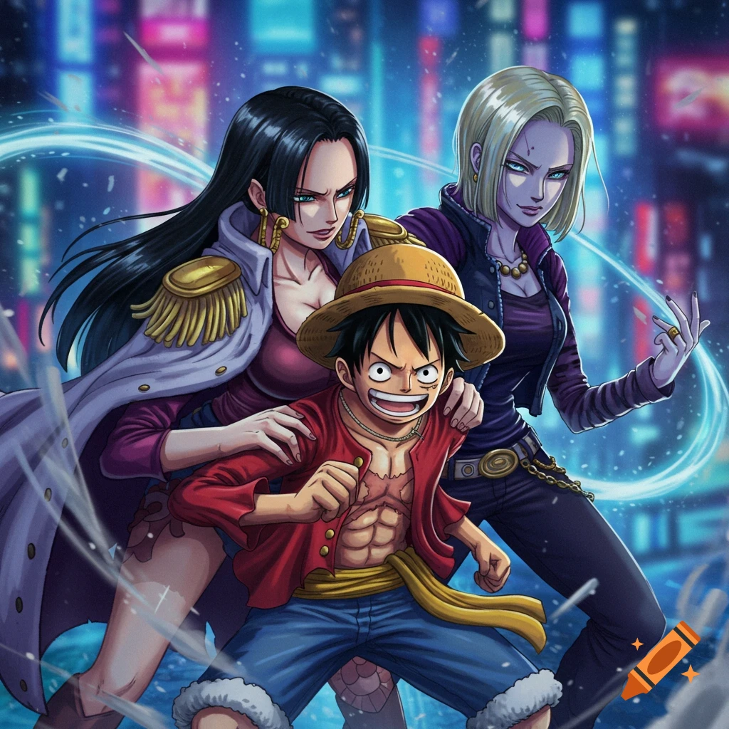 Anime illustration of Monkey D. Luffy with Boa Hancock and Android 18 in a neon city background.