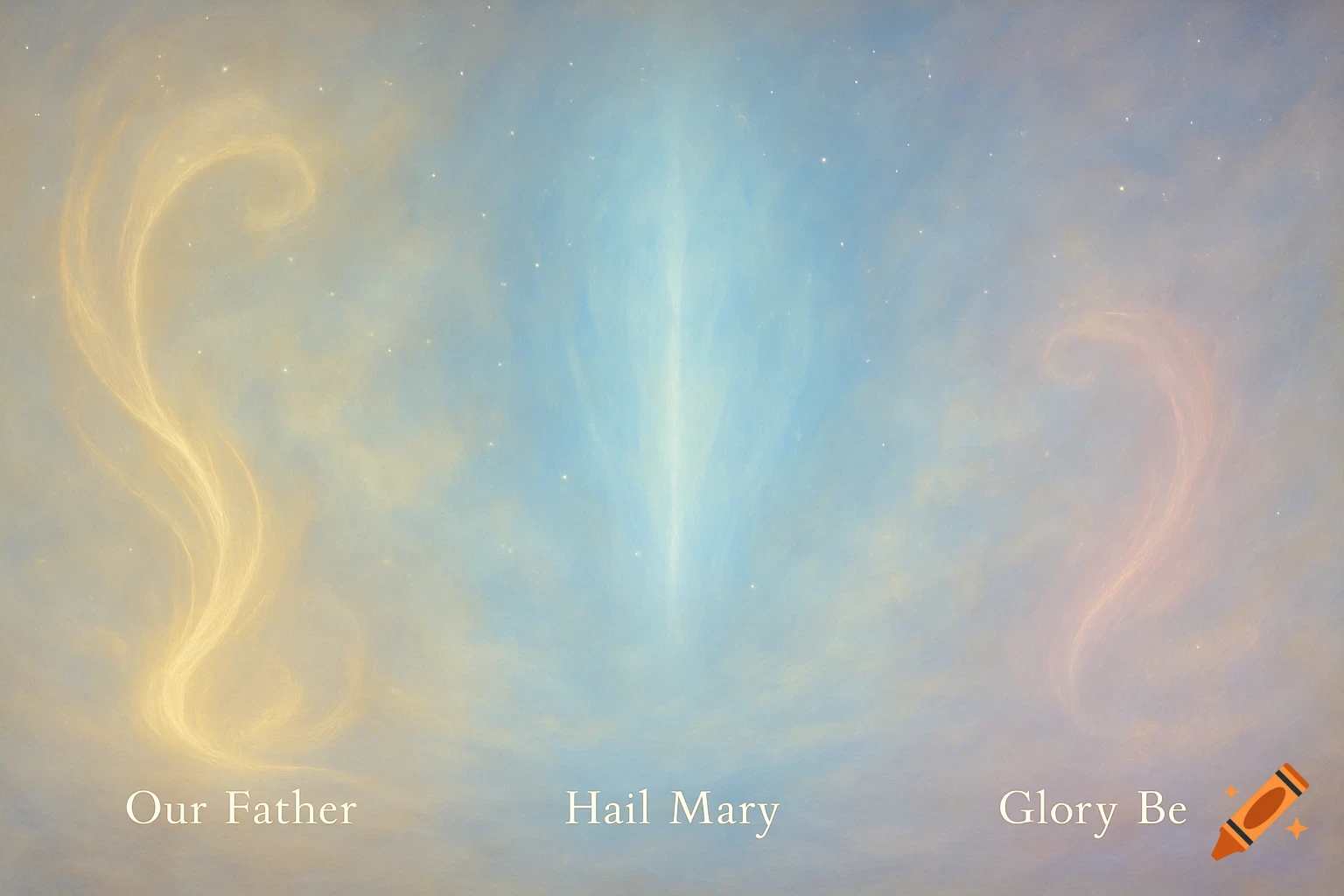 A serene, abstract sky with ethereal light and wisps of color, featuring the phrases Our Father, Hail Mary, and Glory Be in white text.