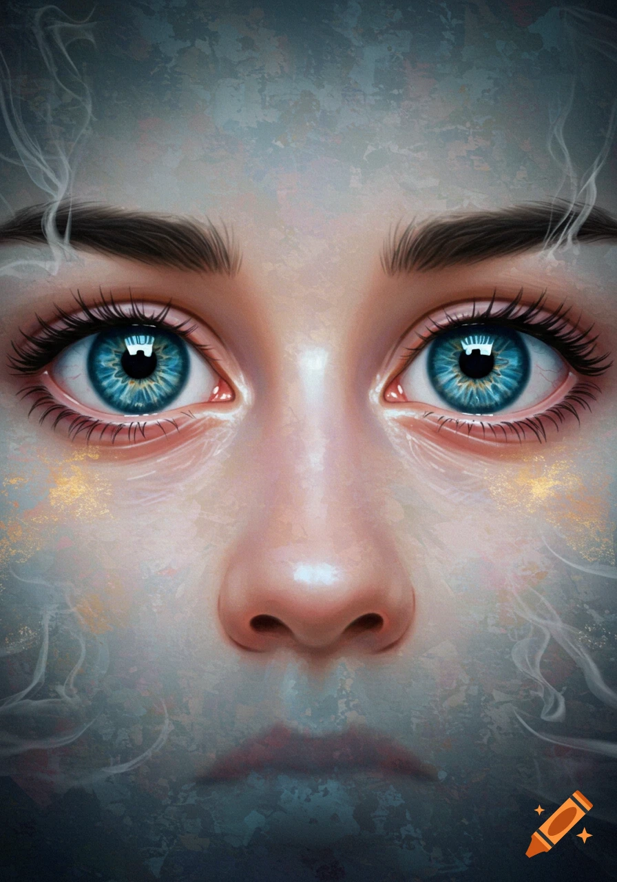 Close-up of a person's intense blue eyes and nose, with smoke-like tendrils and gold flecks.
