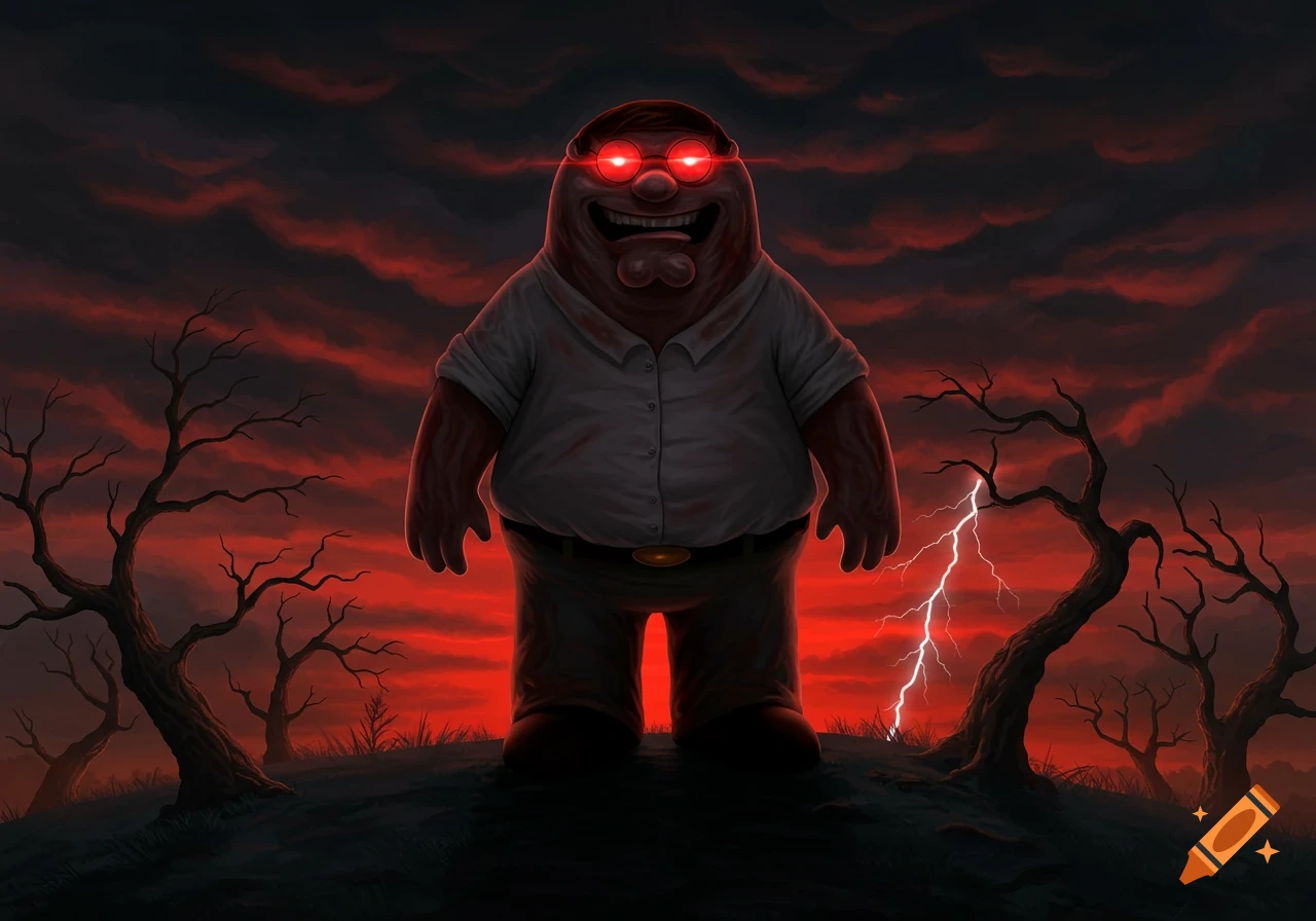 A terrifying, monstrous Peter Griffin with glowing red eyes stands on a hill under a stormy red sky with lightning and dead trees.