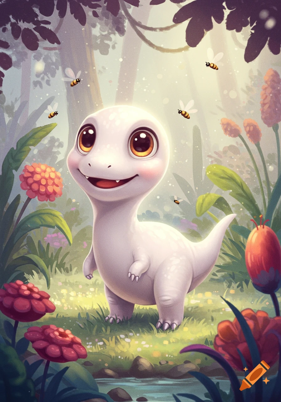 A cute, smiling white dinosaur with large eyes stands in a vibrant, glowing fantasy forest surrounded by colorful flowers and bees.