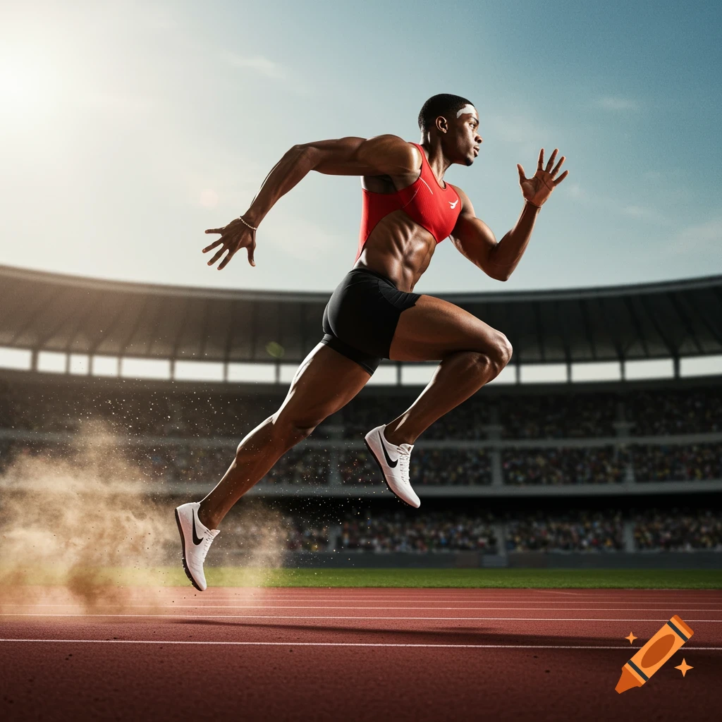 Muscular male track athlete in red and black gear running in a stadium, kicking up dust.