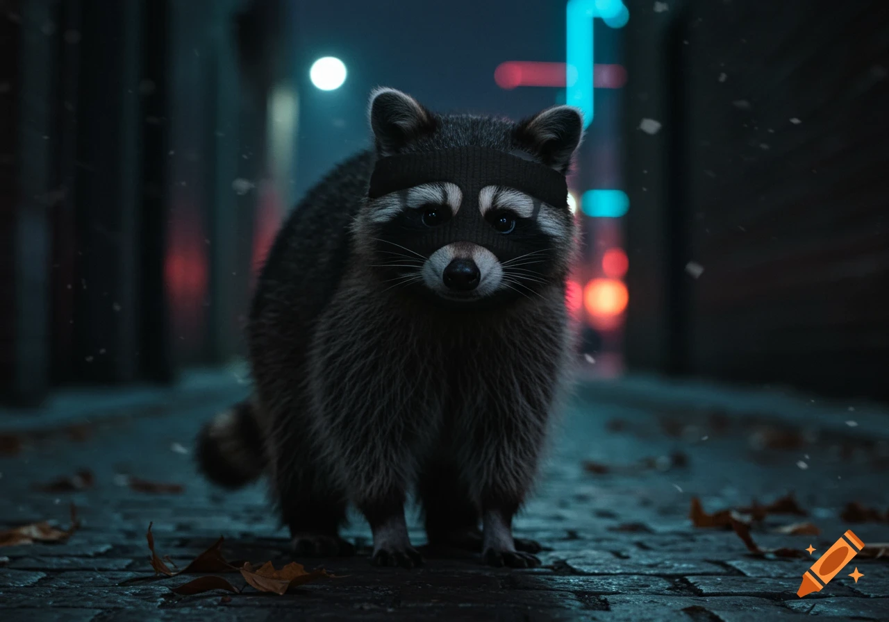 A photorealistic raccoon wearing a black ski mask stands in a dark urban alleyway with glowing background lights.