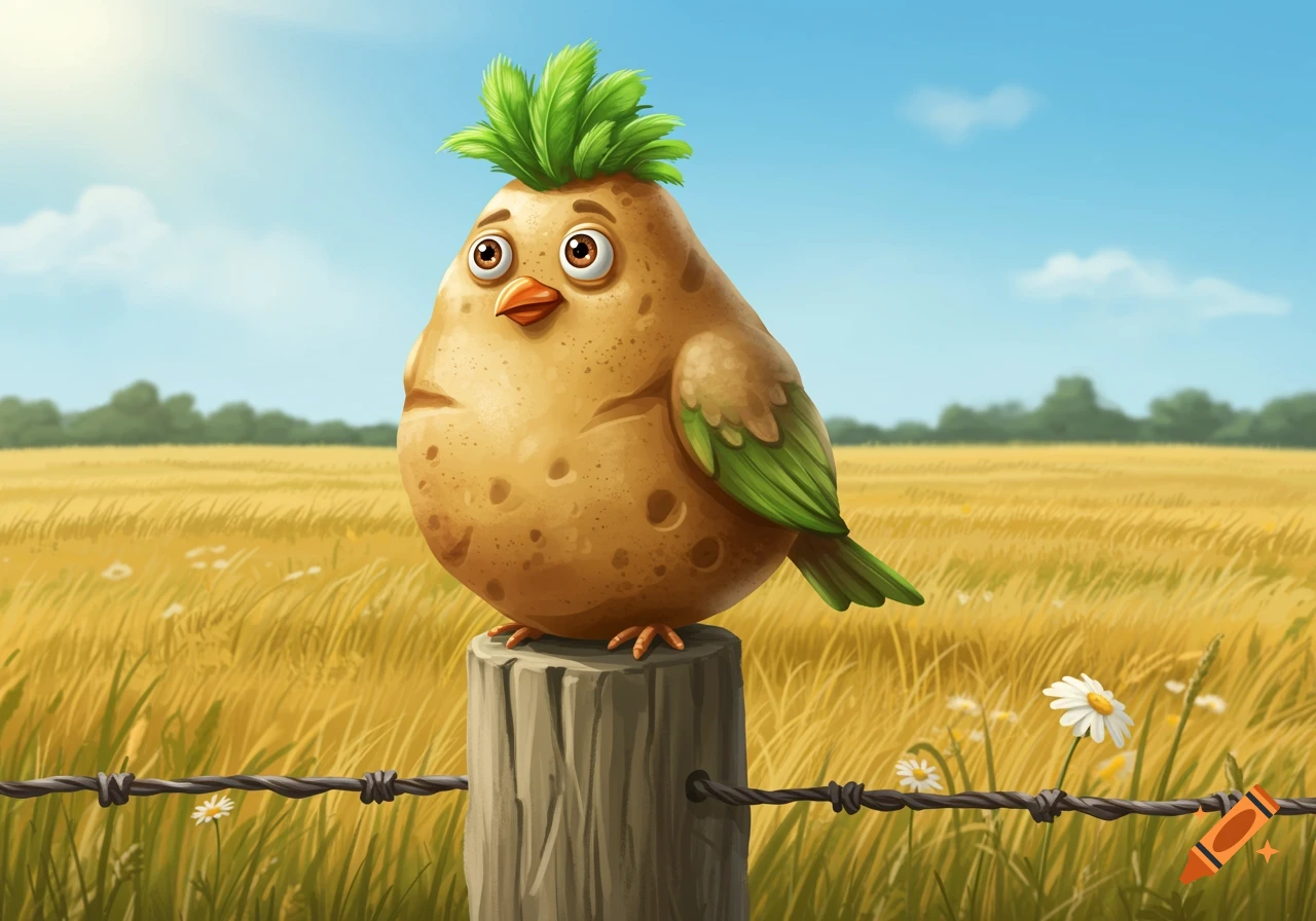 A whimsical cartoon potato bird with green leafy hair sits on a wooden fence post in a golden field under a blue sky.