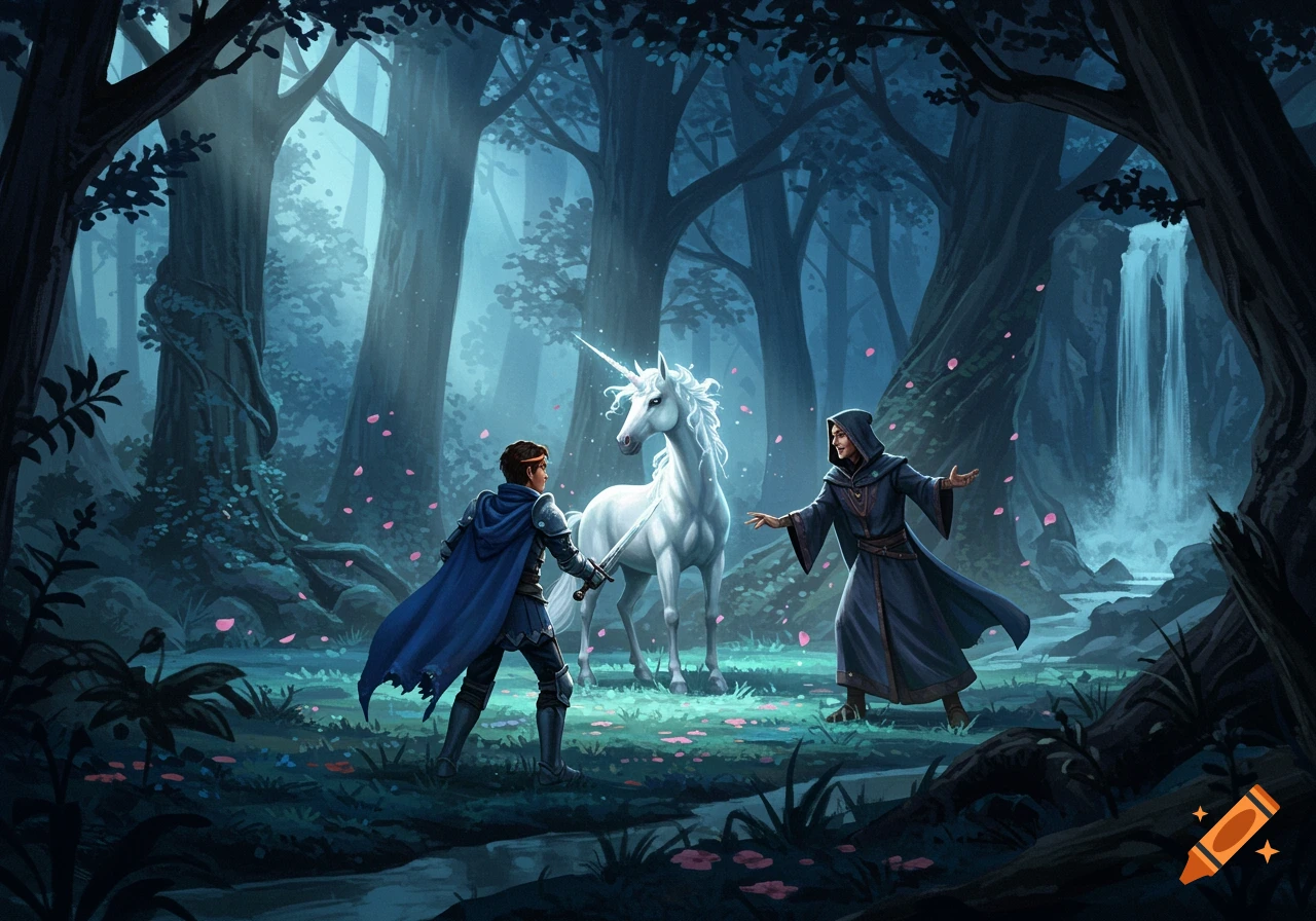 A knight and a robed figure stand before a white unicorn in a mystical blue forest with a waterfall and pink petals.