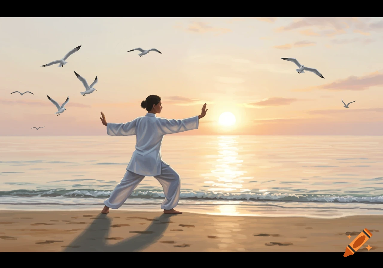 A person in white traditional clothing practices Tai Chi on a sandy beach at sunset, with seagulls flying over the ocean.