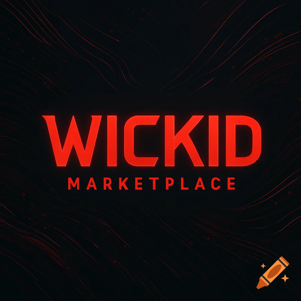 A red and black logo featuring the word 'WICKID' prominently above 'MARKETPLACE' against a dark background with red wavy lines.