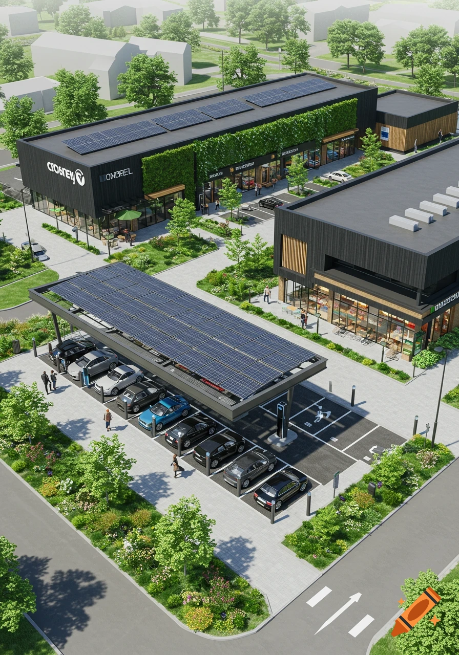 Aerial view of a modern retail park with an EV charging station under solar panels, contemporary buildings, green walls, and lush landscaping.