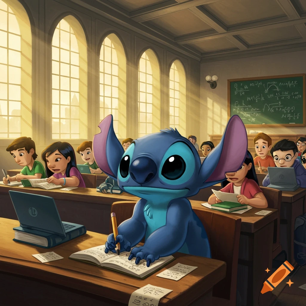 Stitch, the blue alien, sits at a desk in a sunny classroom filled with students, diligently writing in a notebook.