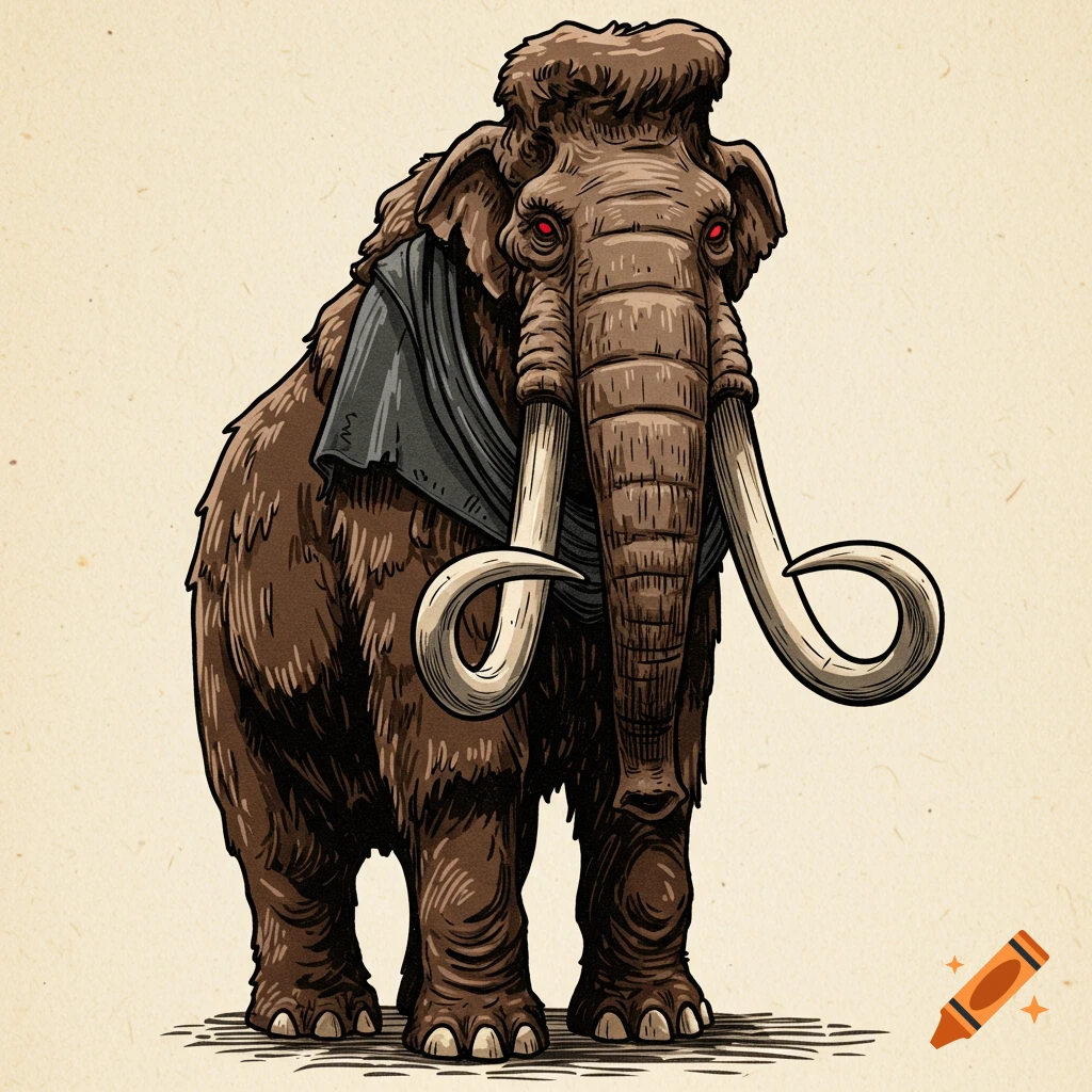 A medieval woodcut illustration of a brown woolly mammoth with red eyes and a dark cloak, standing front-on.