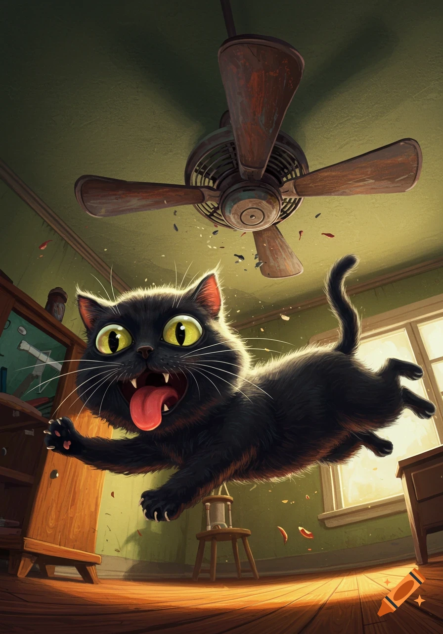 A cartoonish black cat with wide eyes and a long tongue leaps through the air as debris flies from a damaged ceiling fan above it.