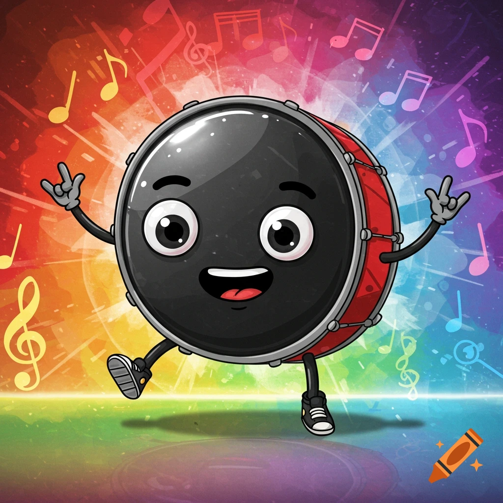 A cheerful cartoon bass drum character with a face, arms, and legs wearing sneakers, making a rock and roll hand gesture amidst floating musical notes on a vibrant rainbow background.