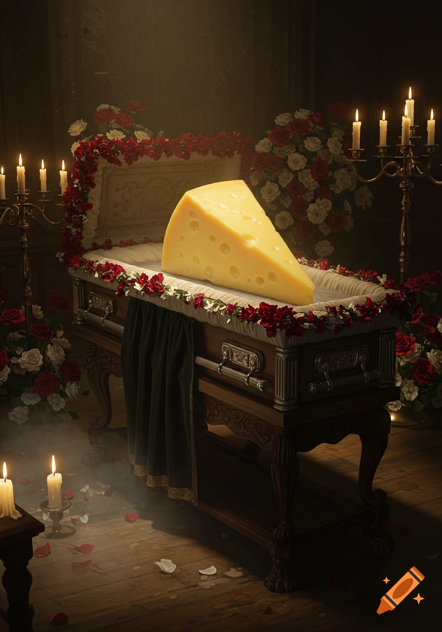 A large wedge of Swiss cheese lies in an open casket adorned with red and white roses and lit candles, in a somber funeral setting.