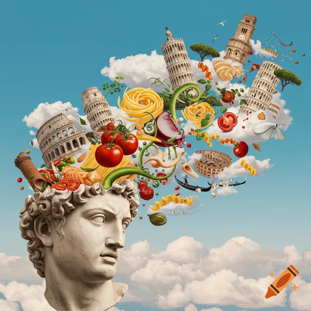 A marble statue head with Italian landmarks and food, like pasta and tomatoes, emerging from it against a blue sky.