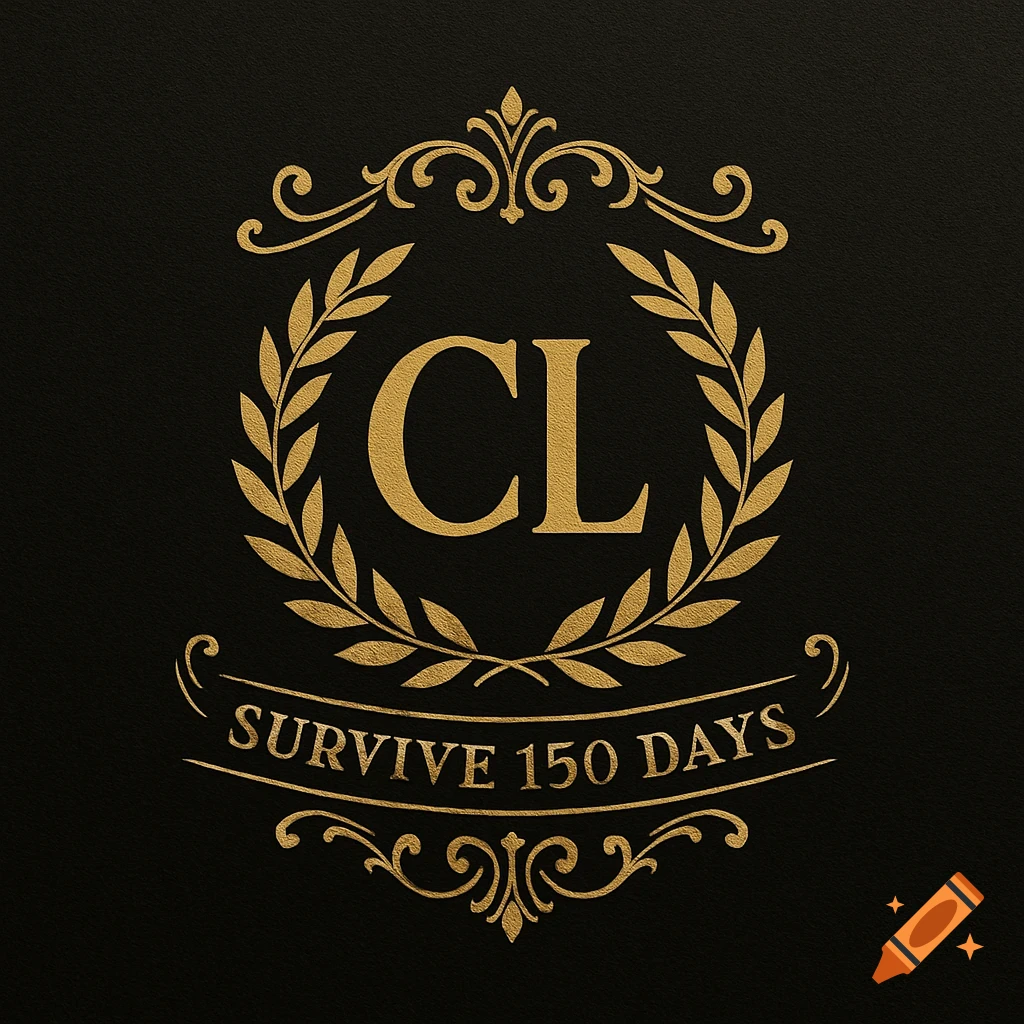 A gold crest logo on a black background featuring the letters 'CL' surrounded by a laurel wreath and the text 'SURVIVE 150 DAYS'.