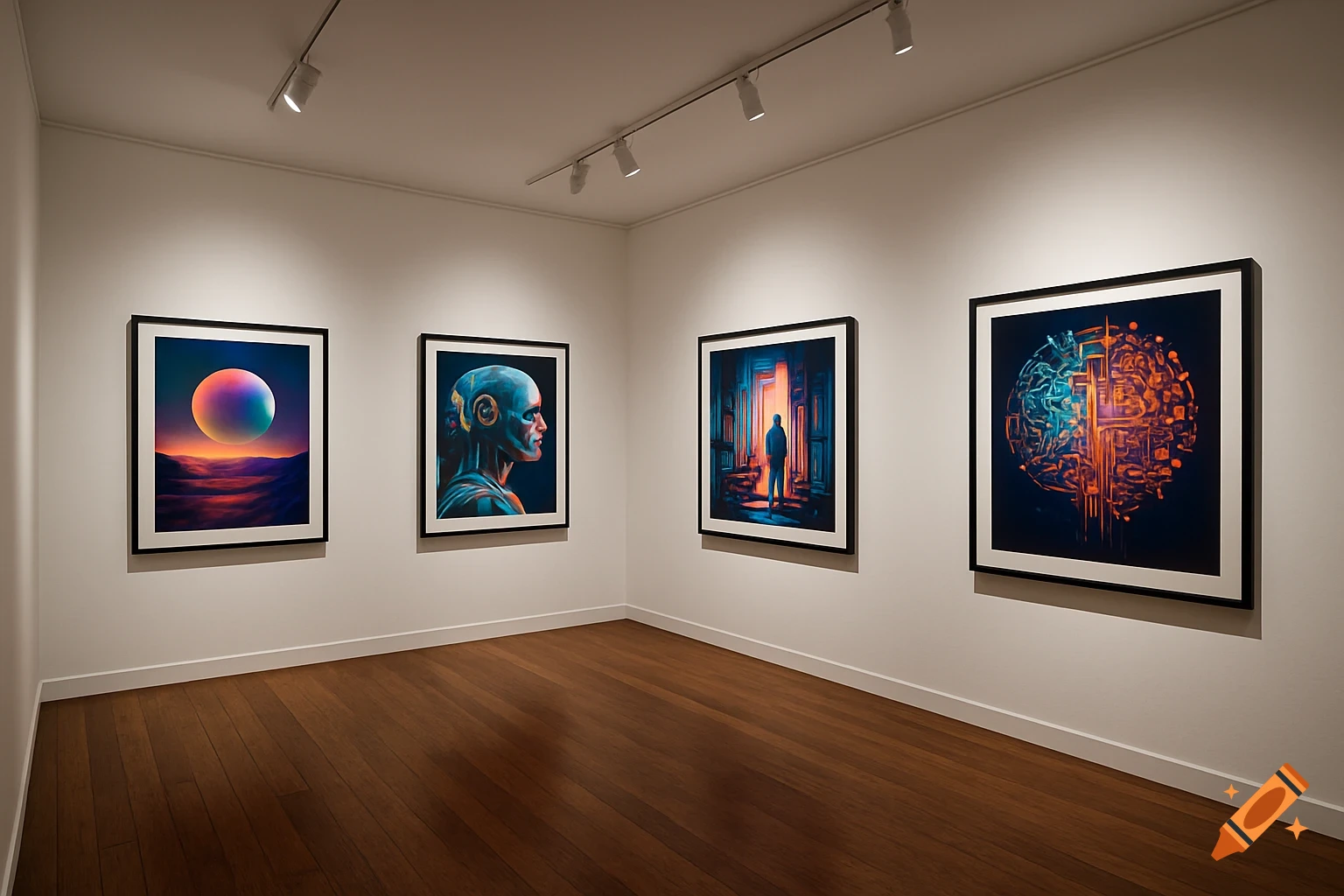 An interior view of a modern art gallery with white walls and hardwood floors, displaying four framed digital artworks under spotlights.