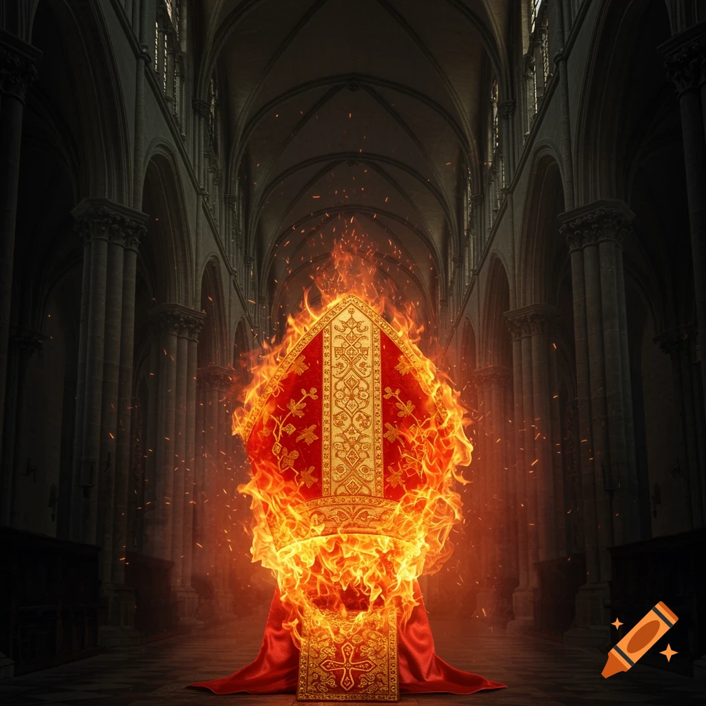 A red and gold mitre hat engulfed in flames stands in the dark, grand interior of a cathedral, with sparks rising.